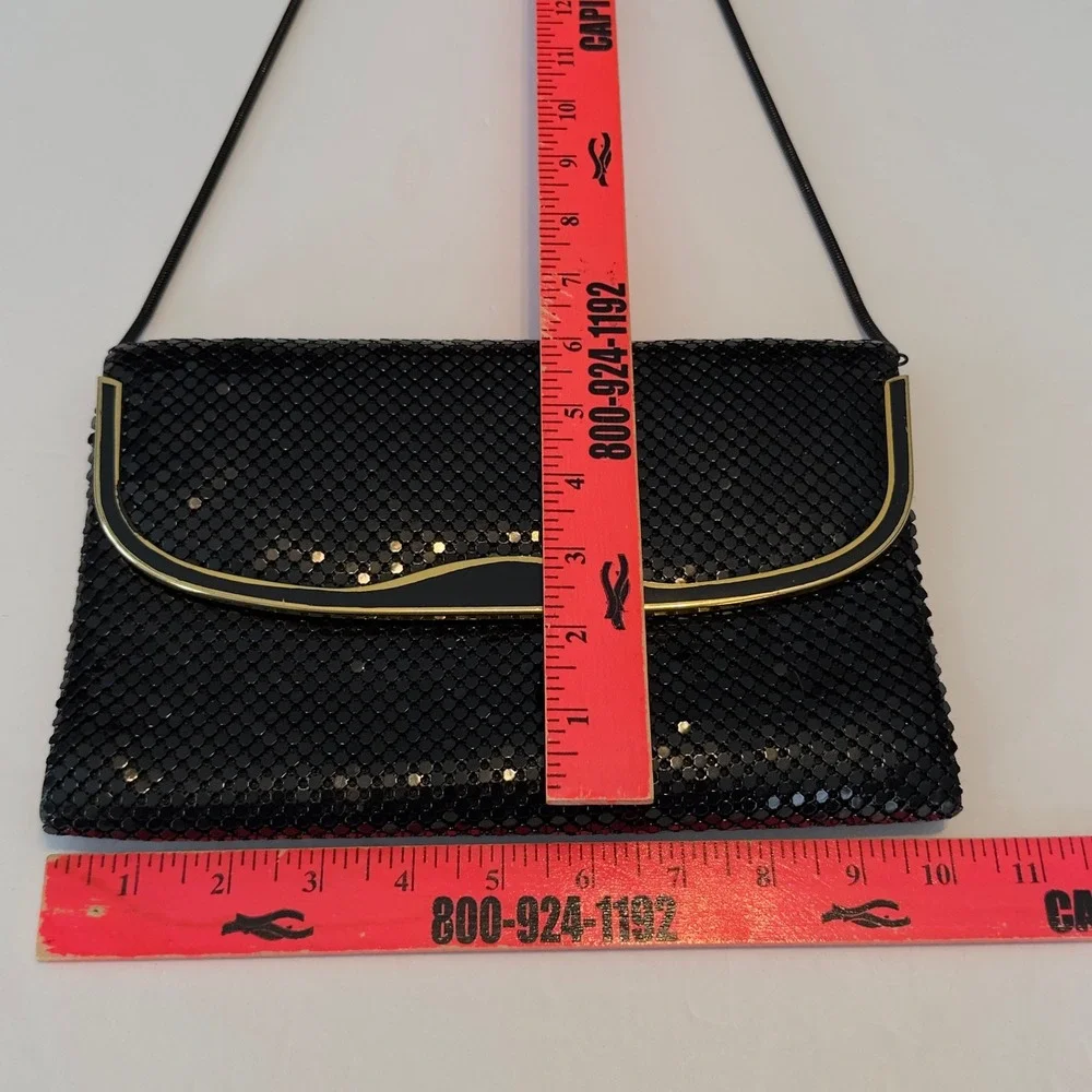 Vintage Black Metal Mesh Evening Bag Gold Trim Snake Chain Clutch‎